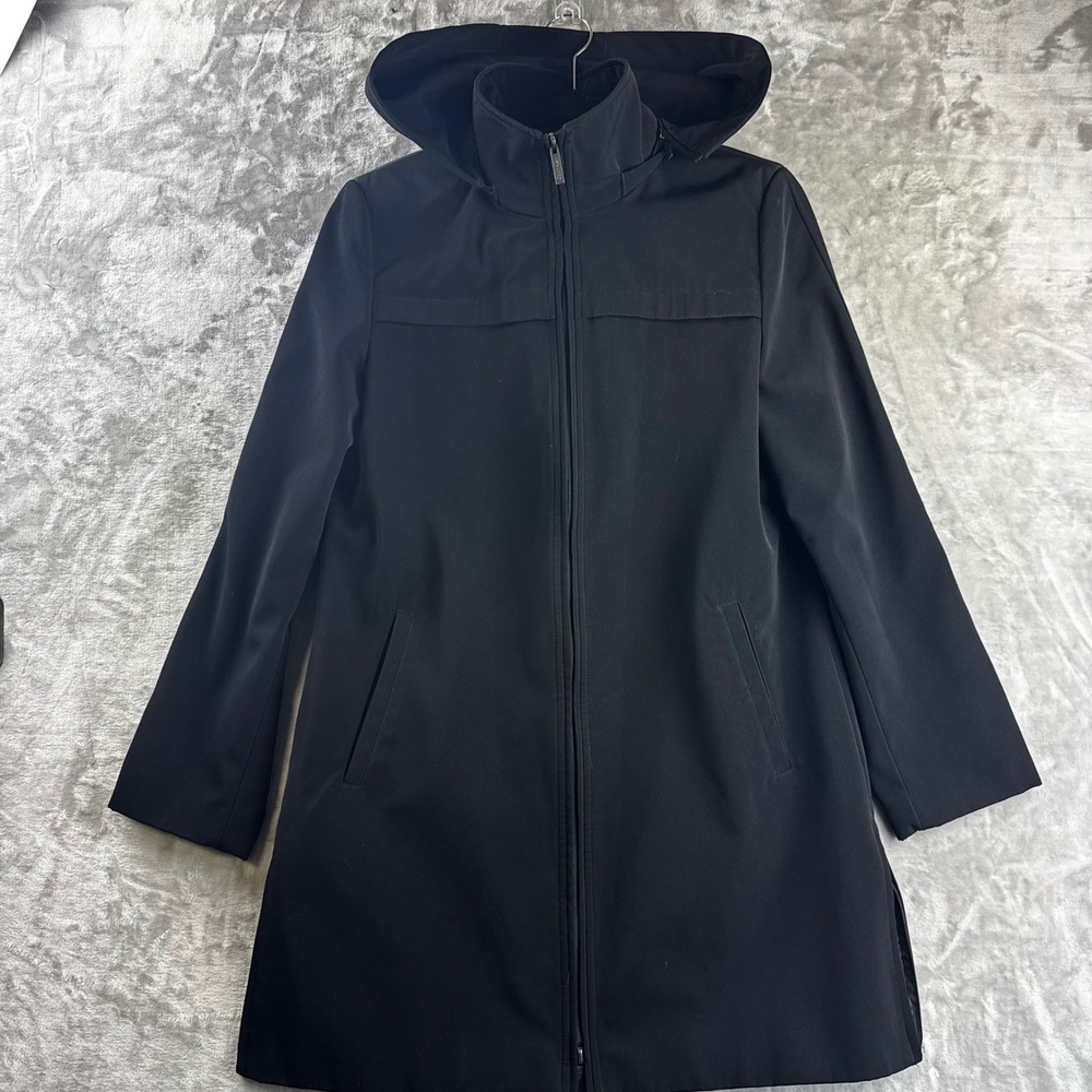 Calvin Klein Softshell Trench Coat Women Medium Black Hooded Zip Jacket (Q)